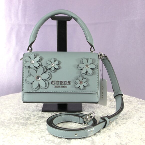 Guess Zaria Mini Top Handle Crossbody – Slate Blue with Floral Appliqués - Picture 1 of 8